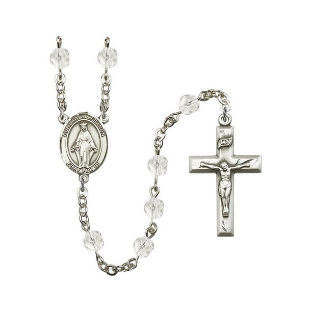 18-Inch Rhodium Plated Necklace with 6mm Light Rose Birthstone Beads and Sterling Silver Our Lady of Lebanon Charm. 18-Inch Rhodium Plated Necklace with 6mm Light Rose Birthstone Beads and Sterling Silver Our Lady of Lebanon Charm.